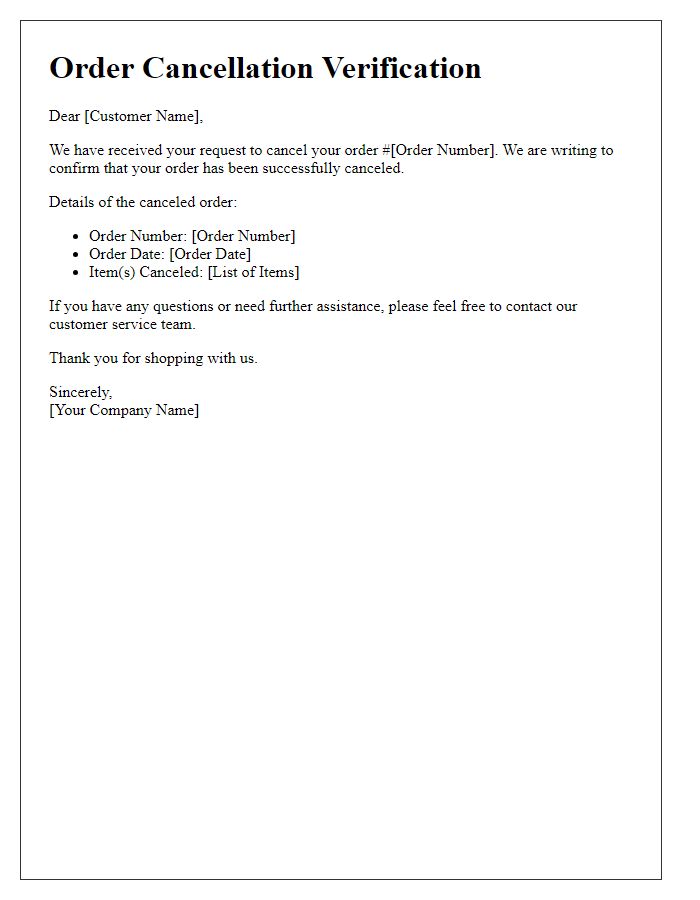 Letter template of online order cancellation verification