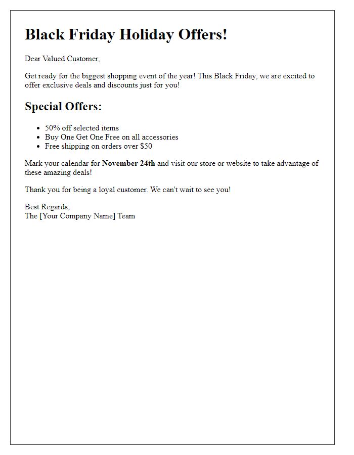 Letter template of Black Friday holiday offers