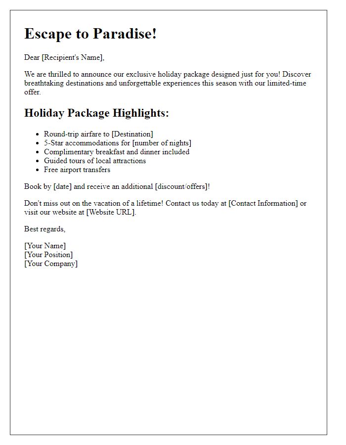 Letter template of exclusive holiday package promotion