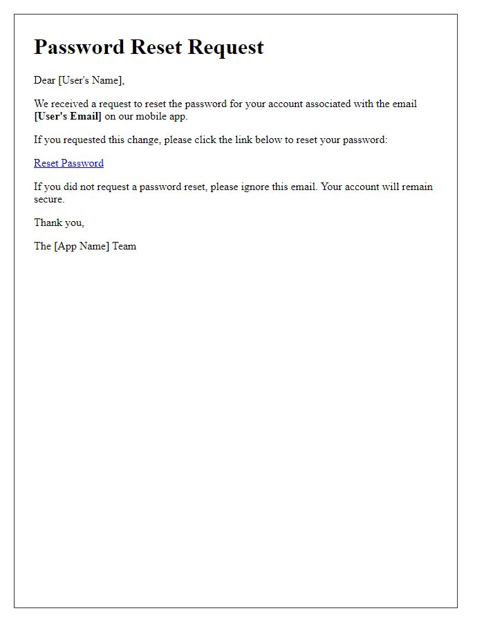 Letter template of password reset alert for mobile app accounts.