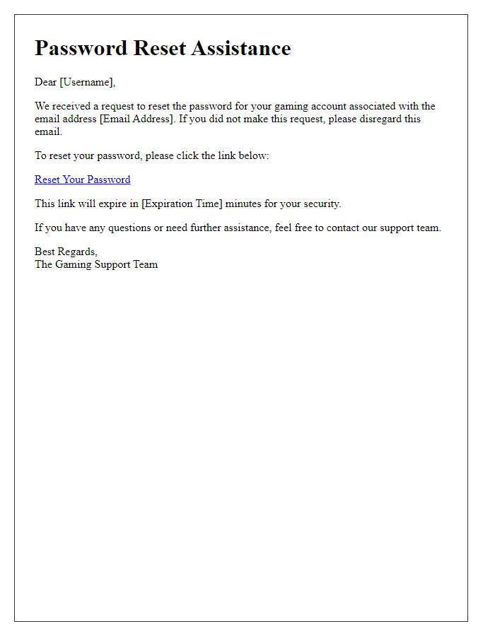 Letter template of password reset assistance for gaming accounts.