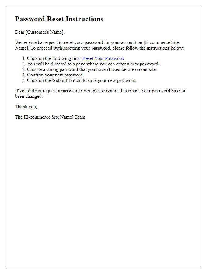 Letter template of password reset directions for e-commerce sites.