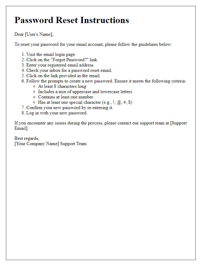 Letter template of password reset guidelines for email account recovery.