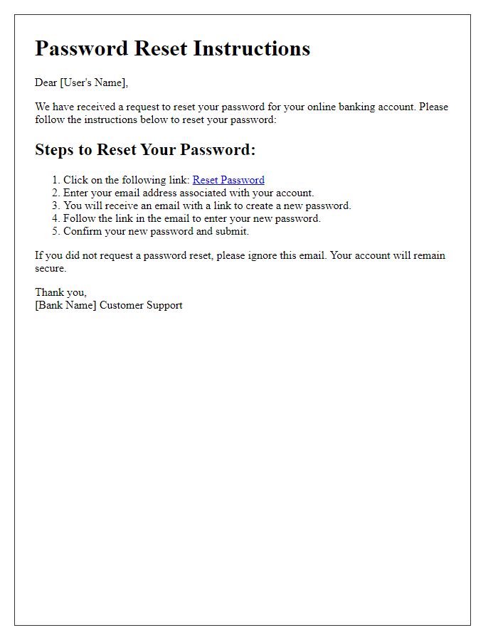 Letter template of password reset instructions for online banking.