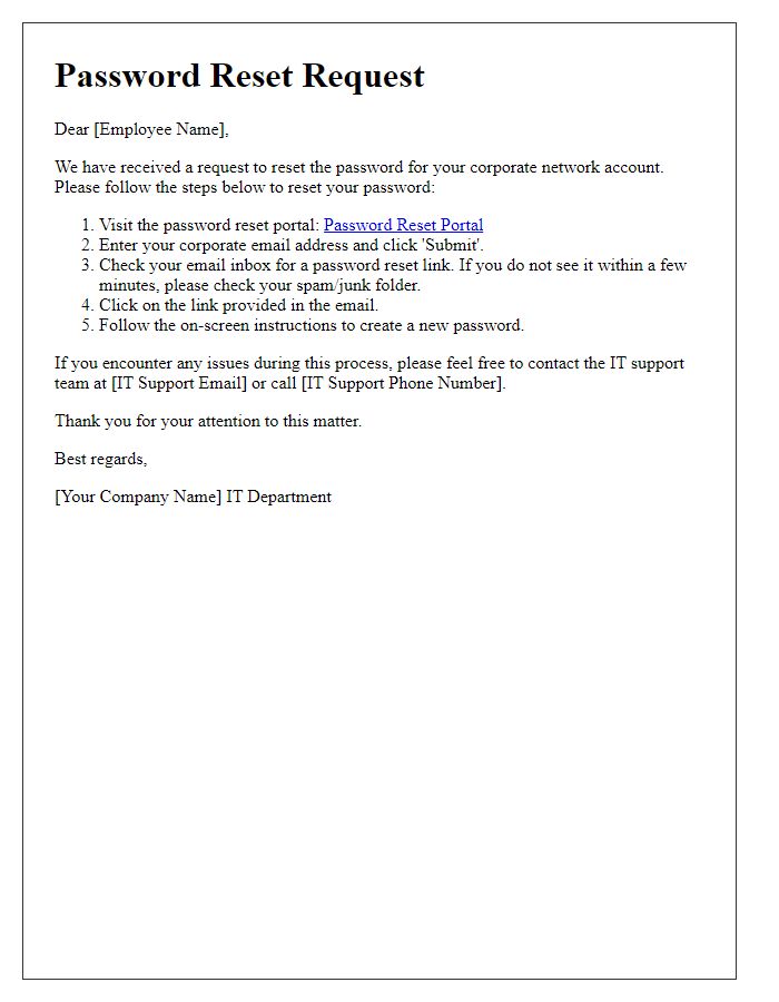 Letter template of password reset procedure for corporate network access.