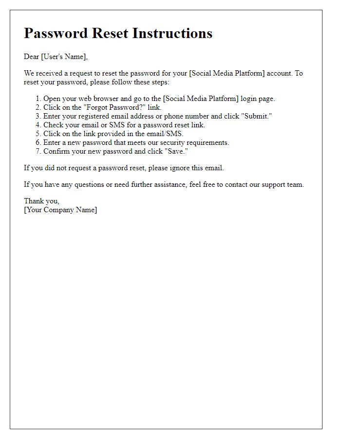 Letter template of password reset steps for social media accounts.