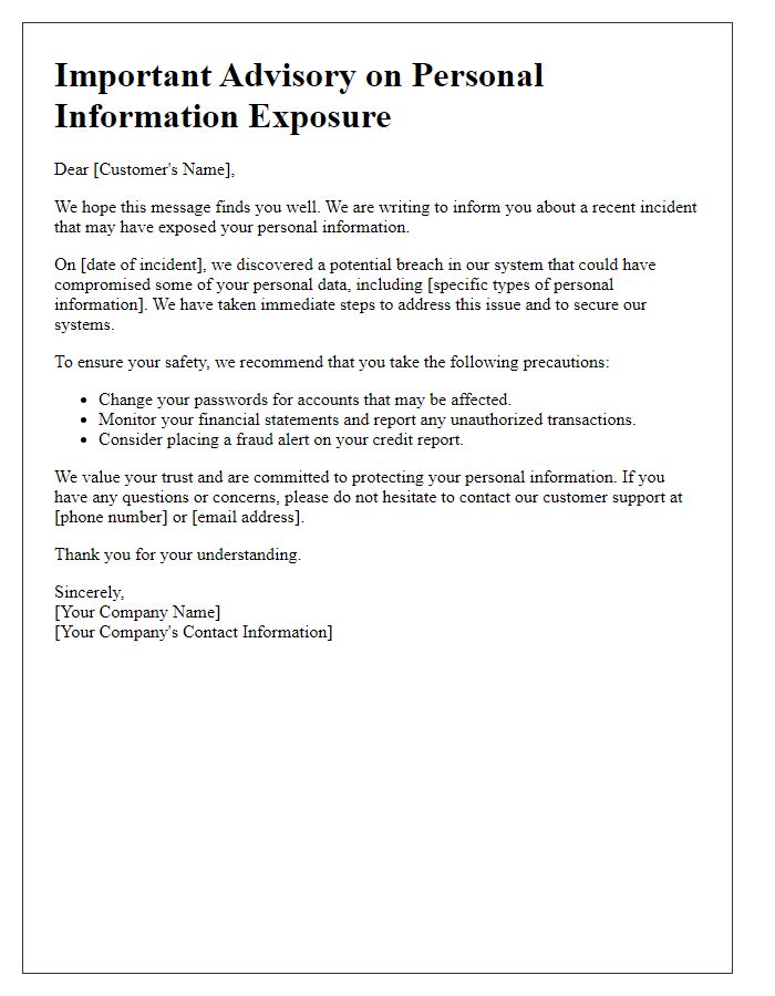 Letter template of advisory for customers on personal information exposure