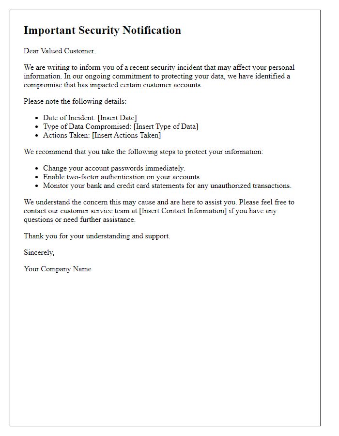 Letter template of alert for customers on security data compromise