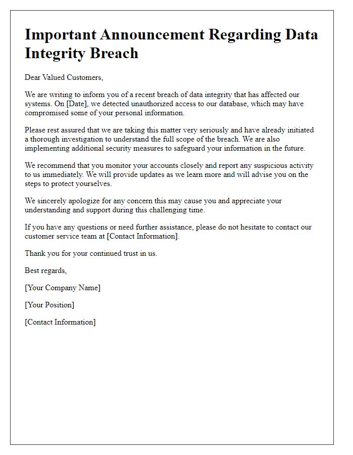 Letter template of announcement for customers regarding breach of data integrity