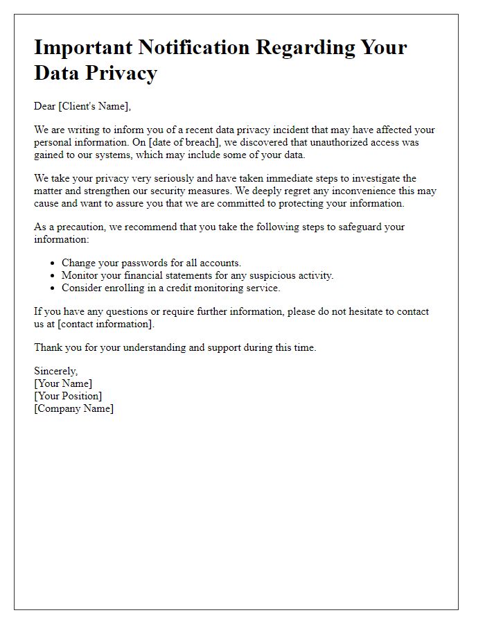 Letter template of communication to clients about data privacy breach