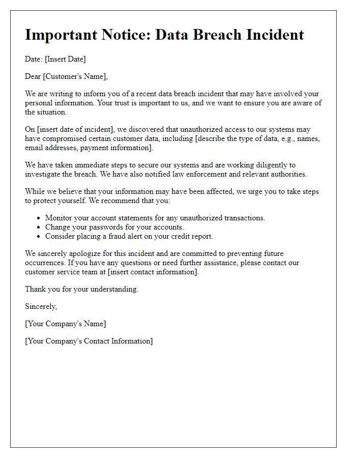 Letter template of customer notification regarding data breach incident