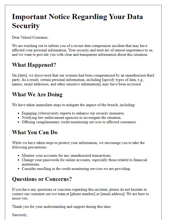 Letter template of notice for customers related to data compromise situation