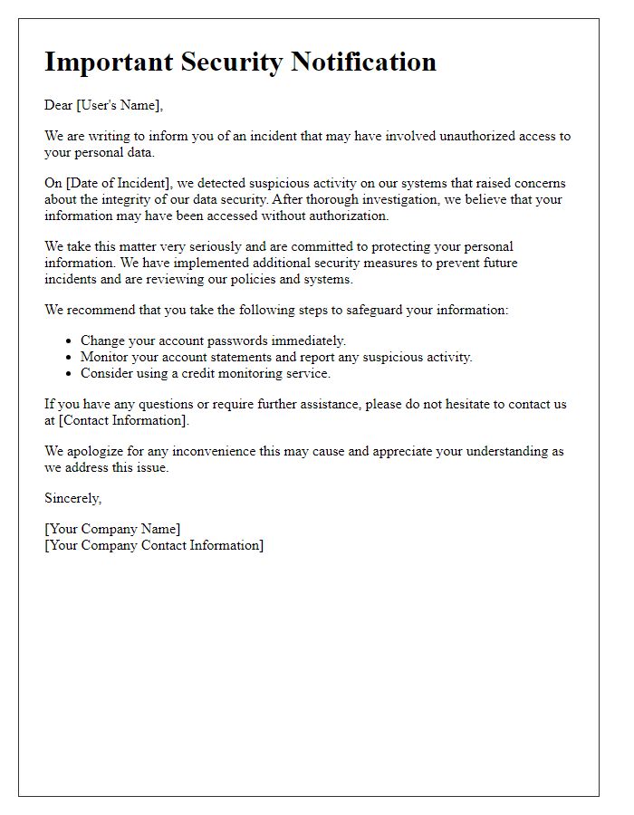 Letter template of notification for users about unauthorized data access