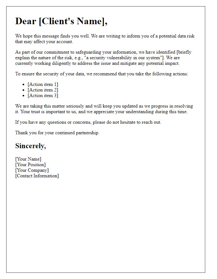 Letter template of update for clients on potential data risk