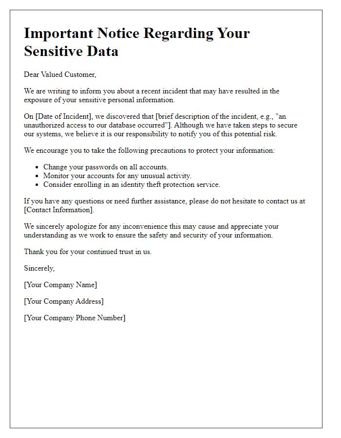 Letter template of warning to customers on possible exposure of their sensitive data