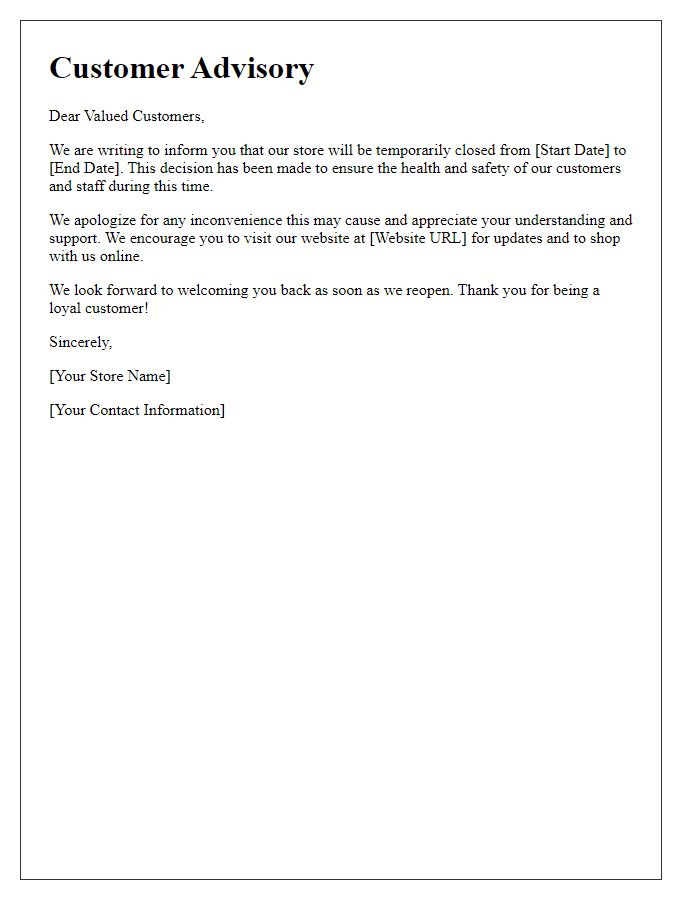 Letter template of customer advisory for store closure