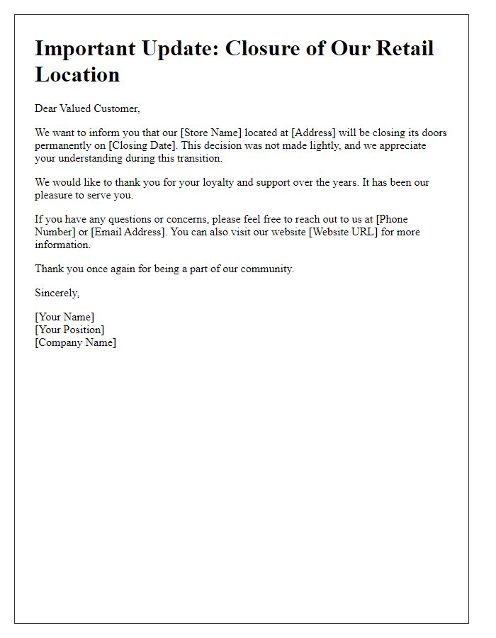 Letter template of retail location closure update