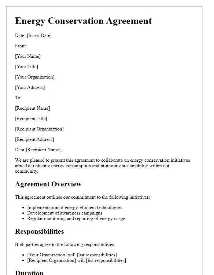 Letter template of agreement on energy conservation initiatives