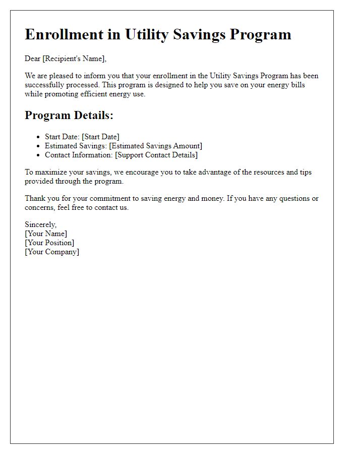 Letter template of enrollment in utility savings programs