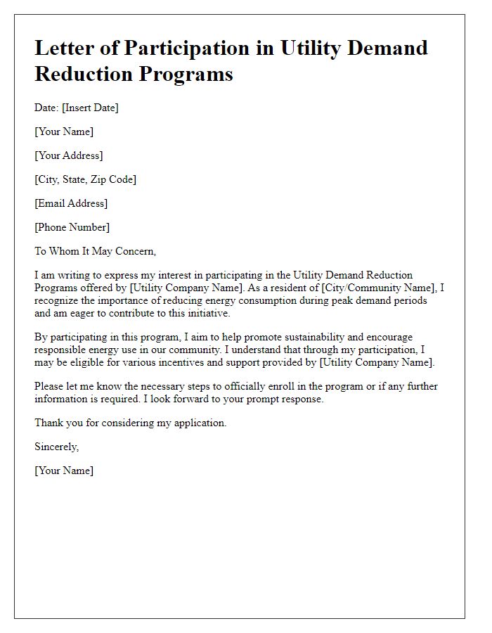 Letter template of participation in utility demand reduction programs