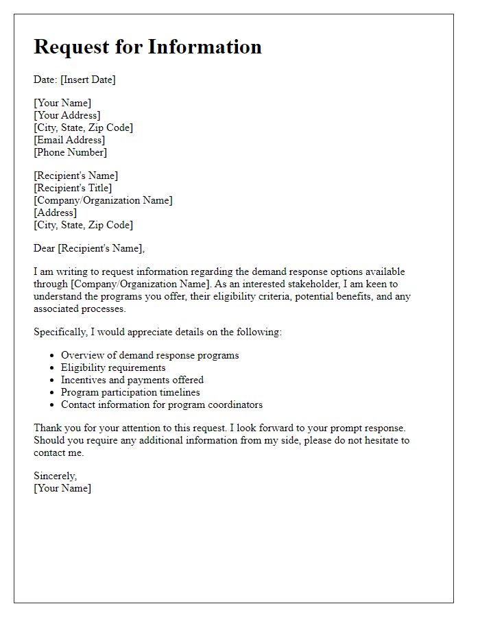 Letter template of request for information on demand response options