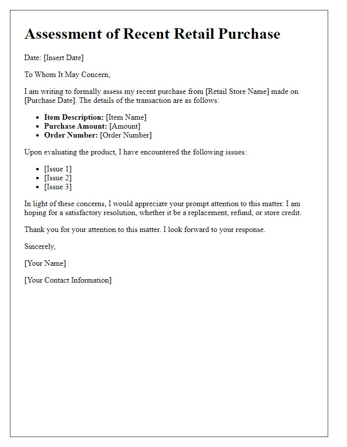 Letter template of assessment regarding my recent retail purchase