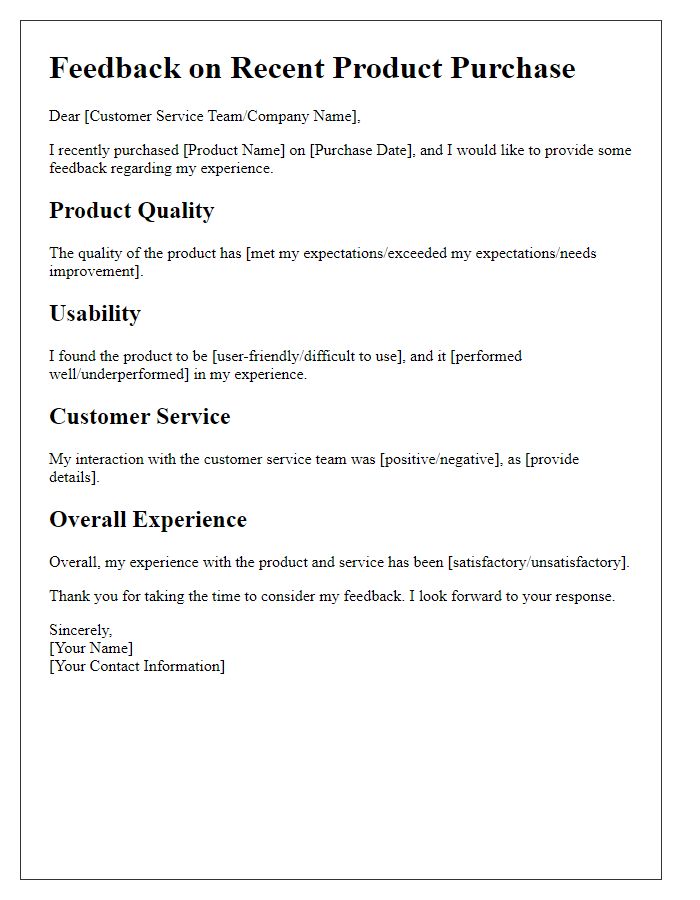 Letter template of feedback regarding my recent product purchase