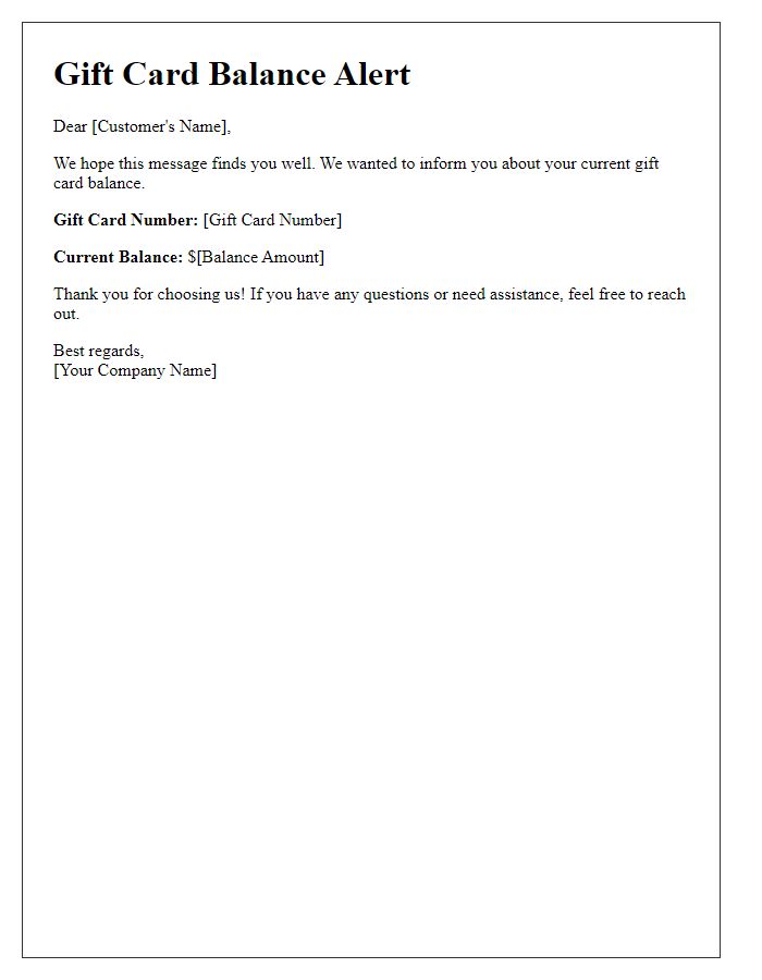 Letter template of gift card balance alert