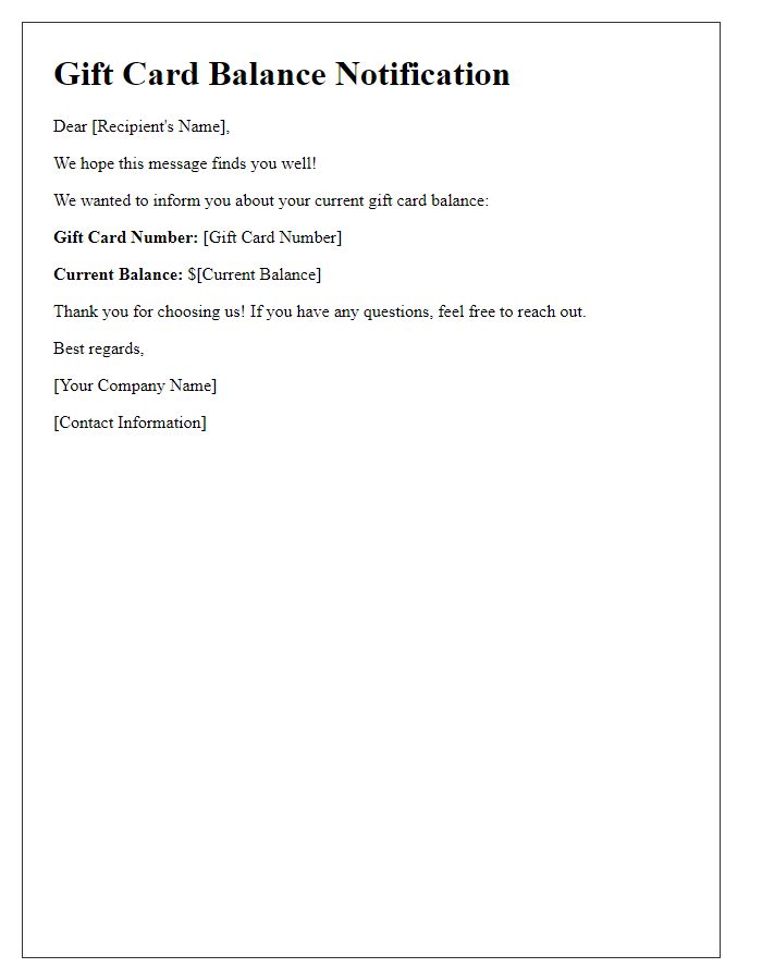 Letter template of gift card balance notification