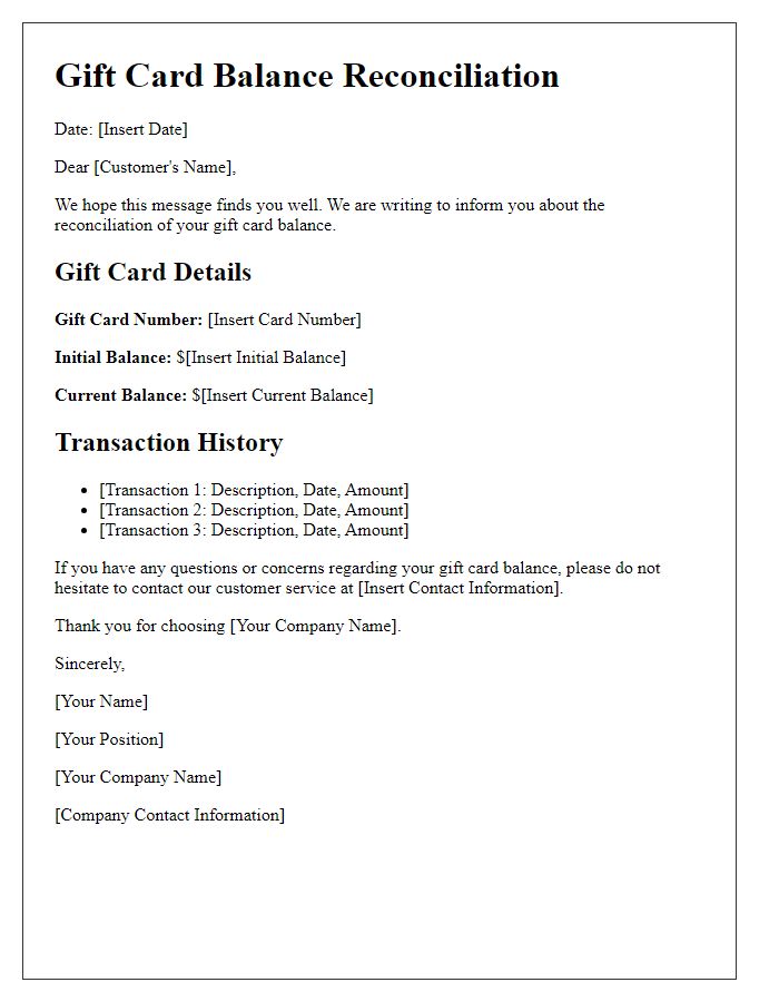 Letter template of gift card balance reconciliation