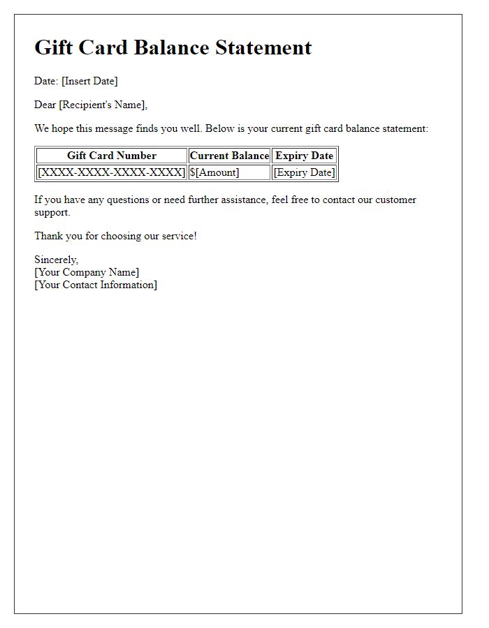 Letter template of gift card balance statement