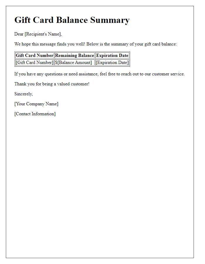 Letter template of gift card balance summary