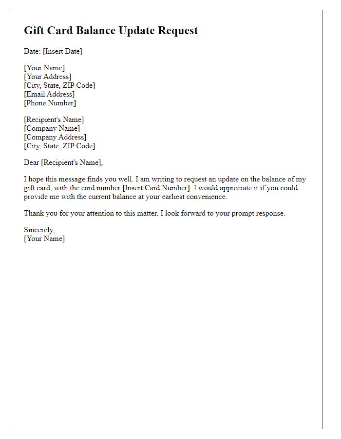 Letter template of gift card balance update request