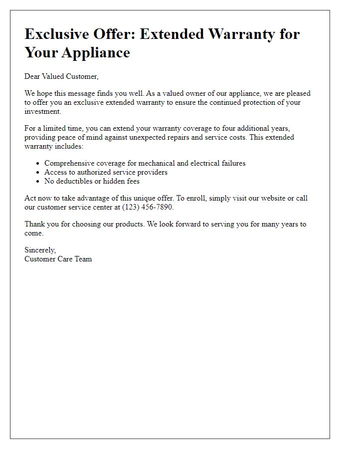 Letter template of extended warranty offer for appliance protection.