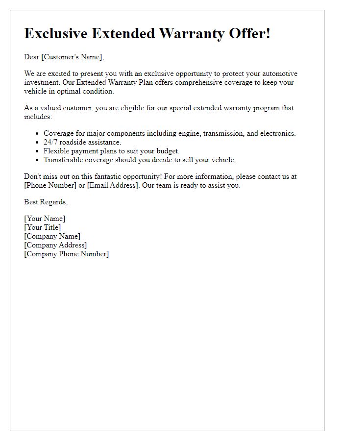 Letter template of extended warranty offer for automotive coverage.