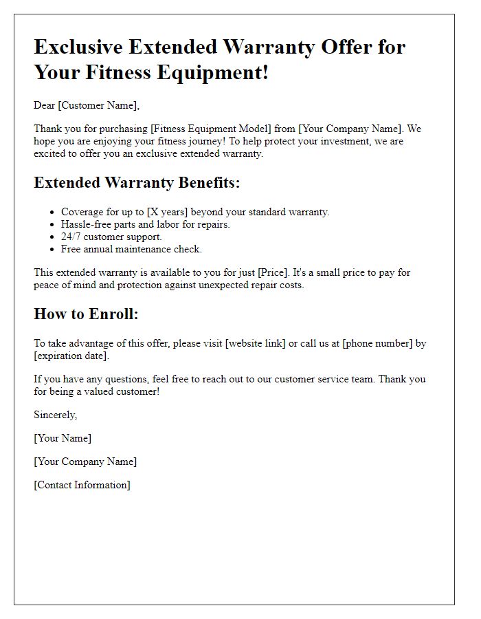 Letter template of extended warranty offer for fitness equipment.