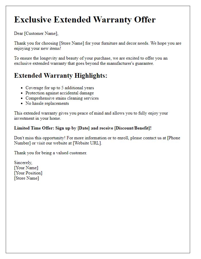 Letter template of extended warranty offer for furniture and dcor.