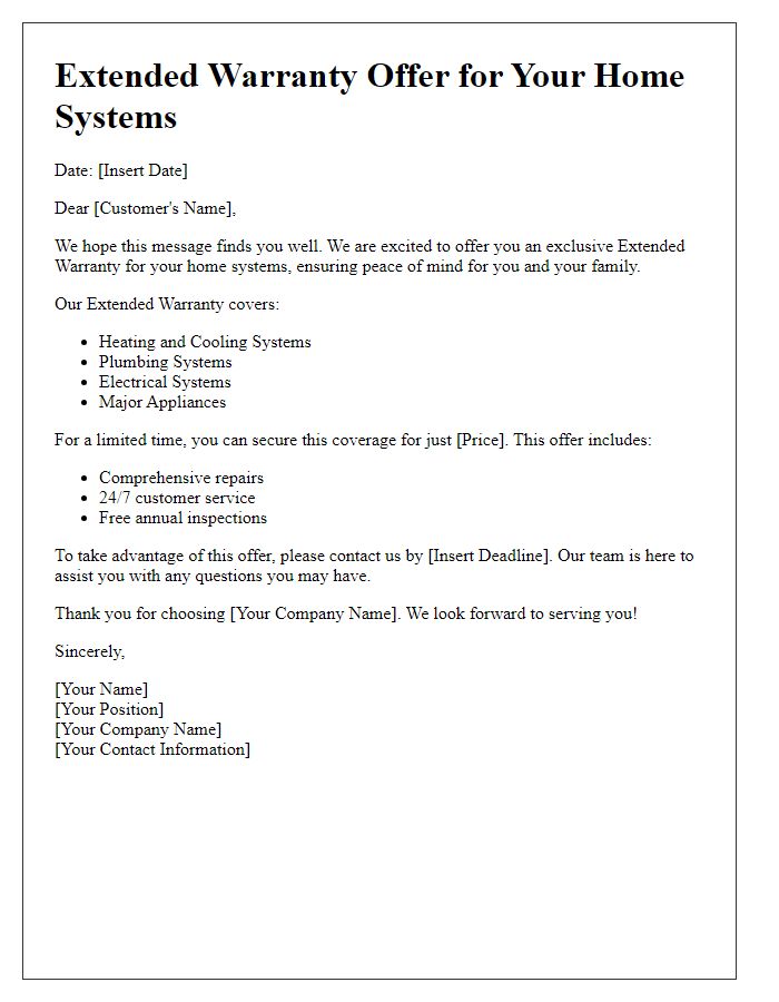 Letter template of extended warranty offer for home systems.