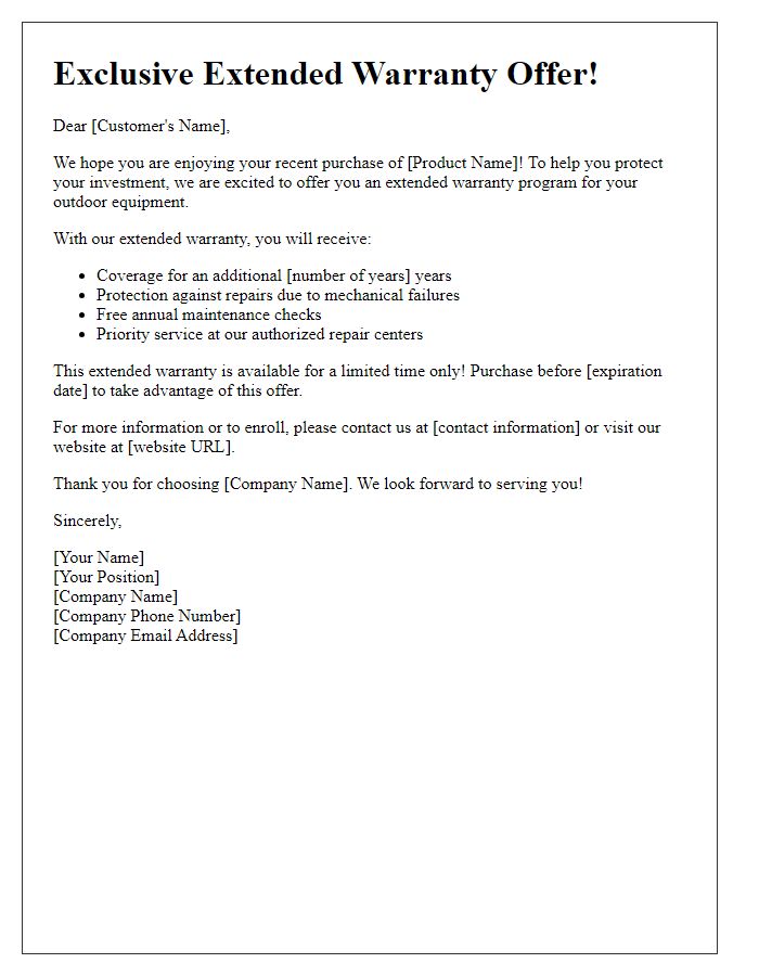 Letter template of extended warranty offer for outdoor equipment.