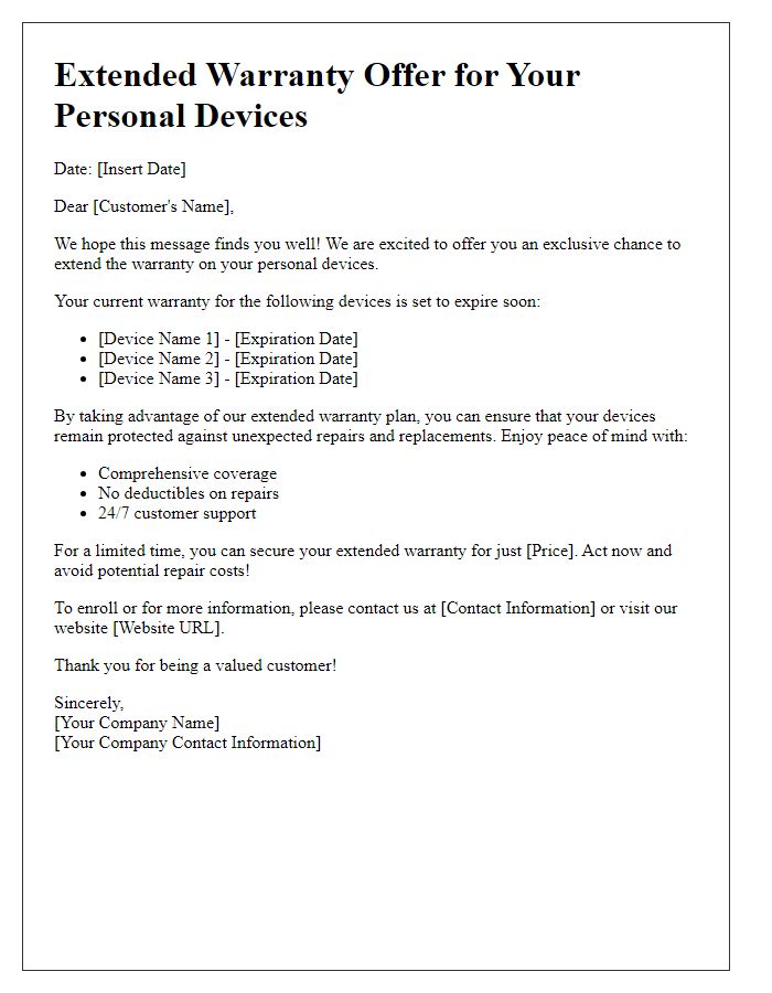 Letter template of extended warranty offer for personal devices.