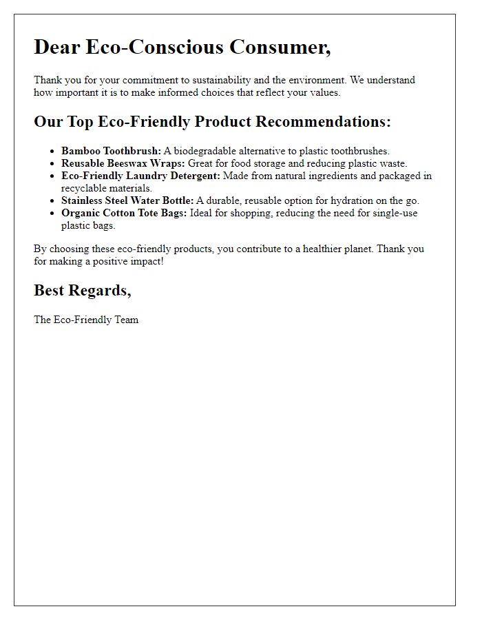 Letter template of eco-friendly product recommendations for environmentally conscious consumers.