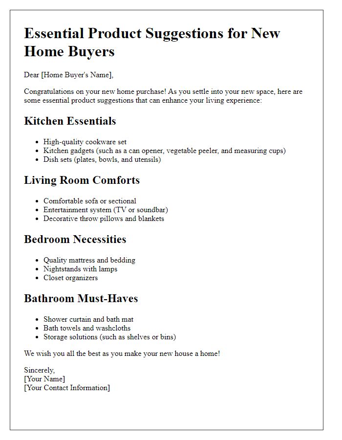 Letter template of essential product suggestions for new home buyers.