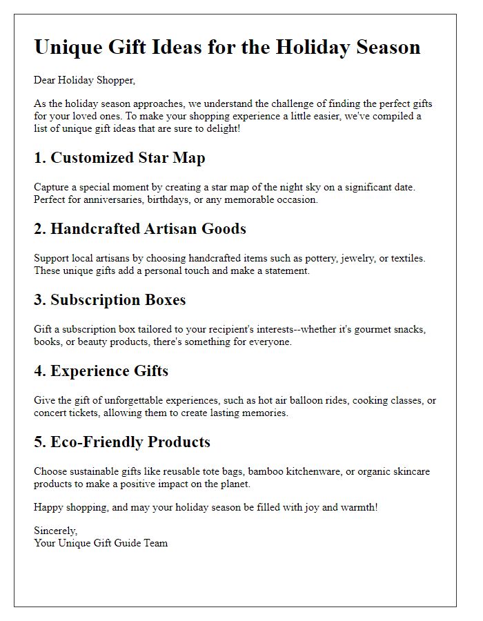 Letter template of unique gift ideas for holiday shoppers.