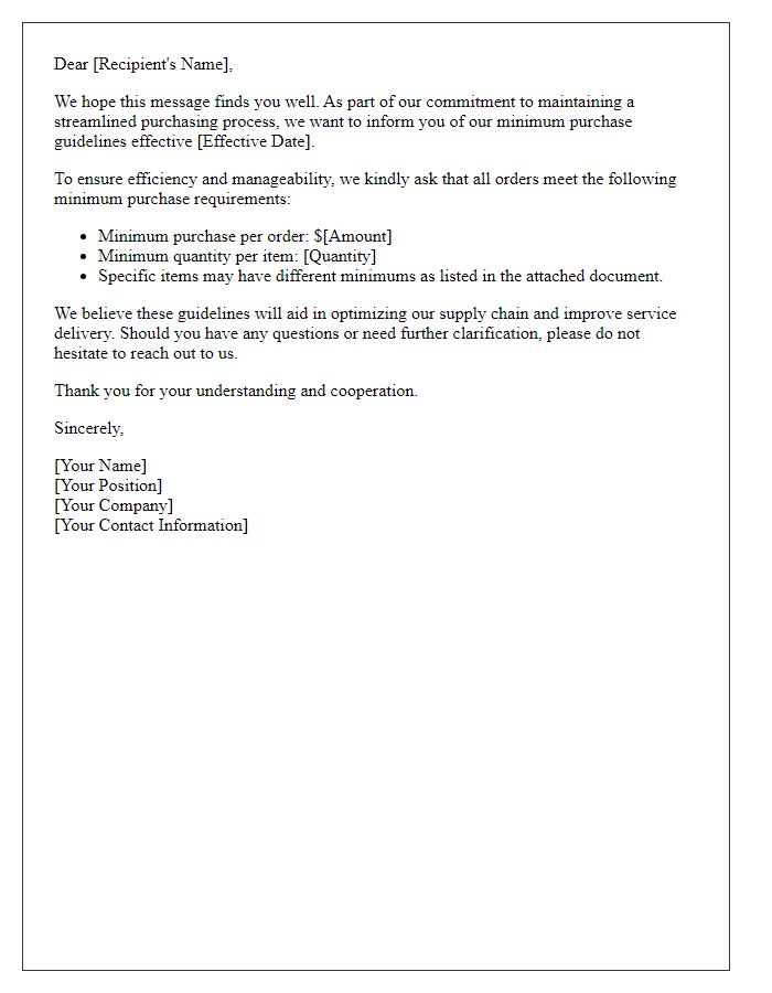 Letter template of purchase minimum guideline communication