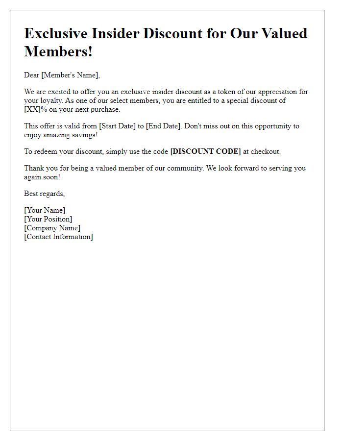 Letter template of insider discount for select members.