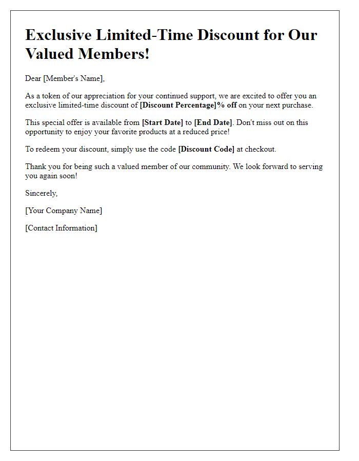 Letter template of limited-time discount for valued members.