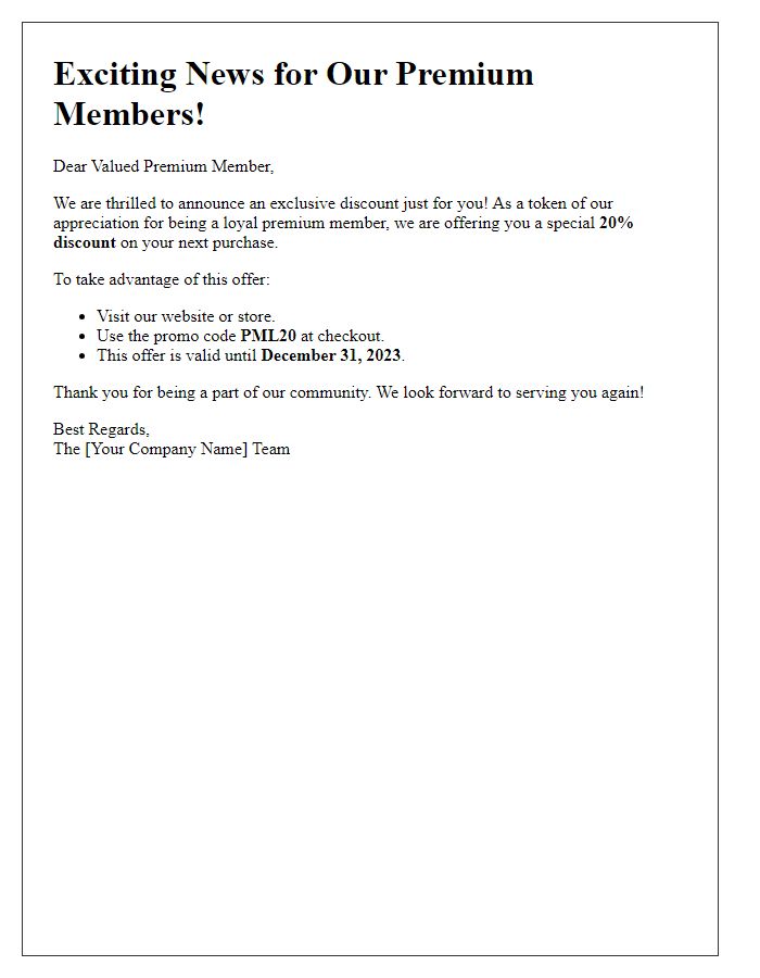 Letter template of premium member discount announcement.