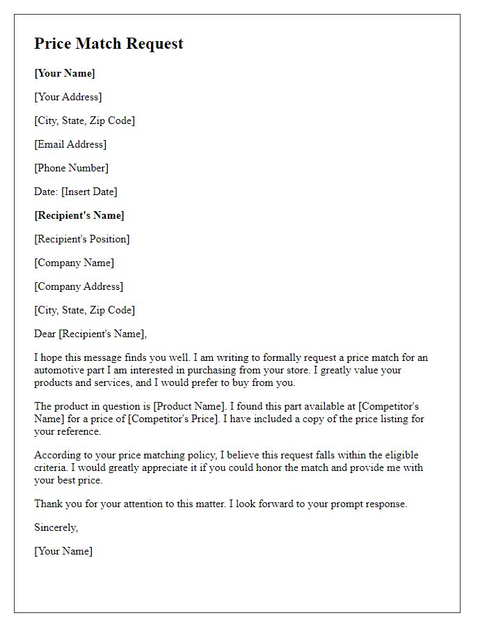 Letter template of price match request for automotive parts.