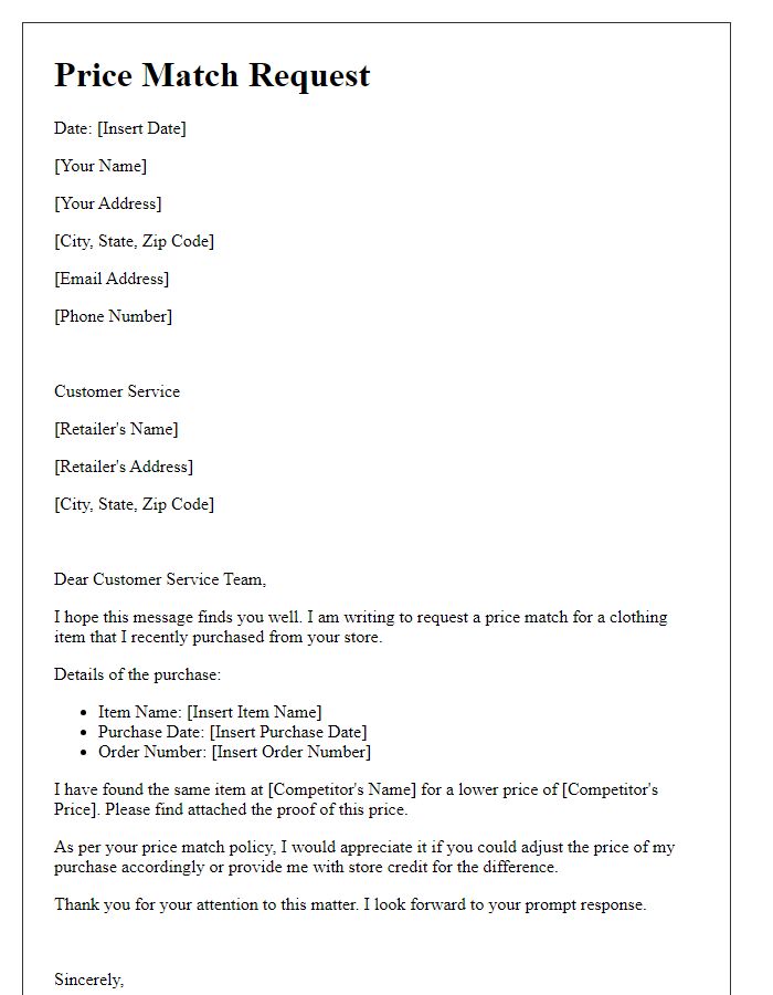 Letter template of price match request for clothing items.