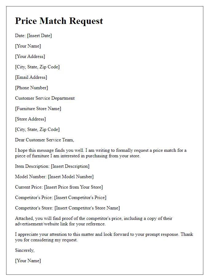 Letter template of price match request for furniture.